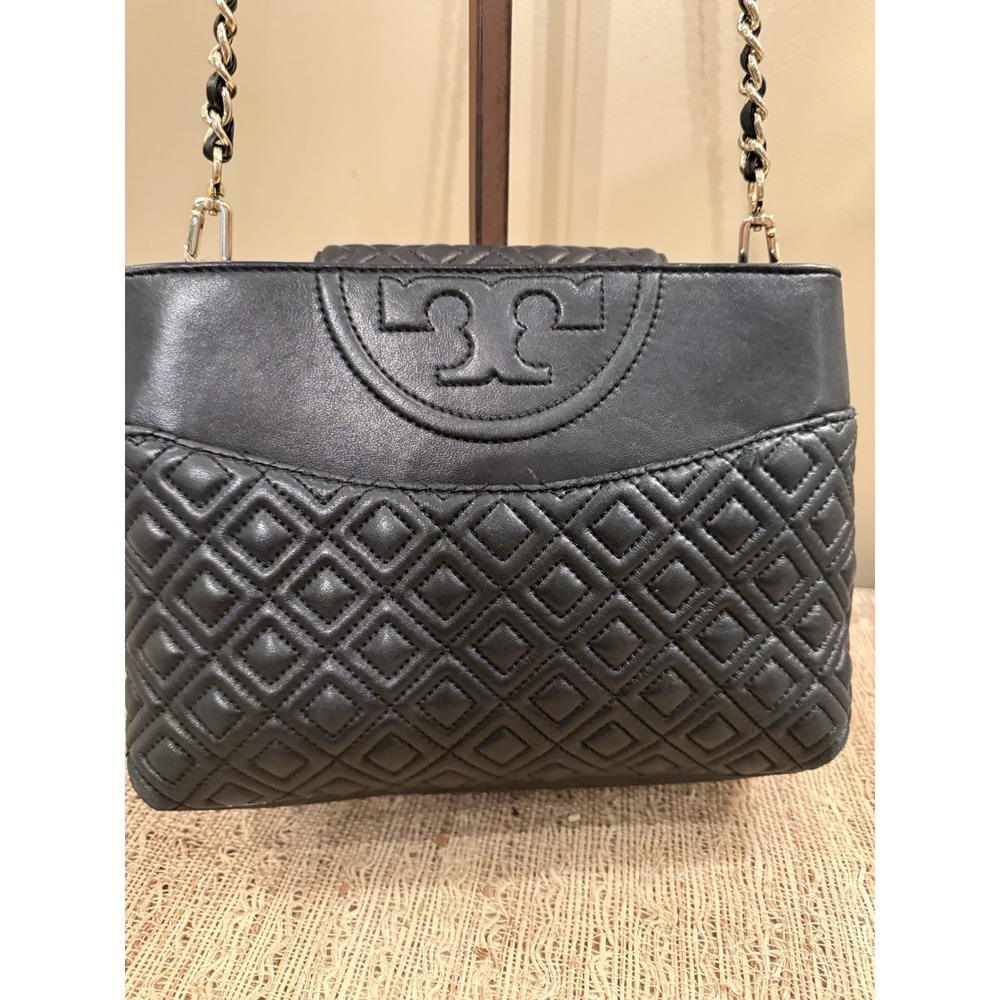 Tory Burch Fleming Quilted Open Crossbody Shoulder Bag Purse Style Black